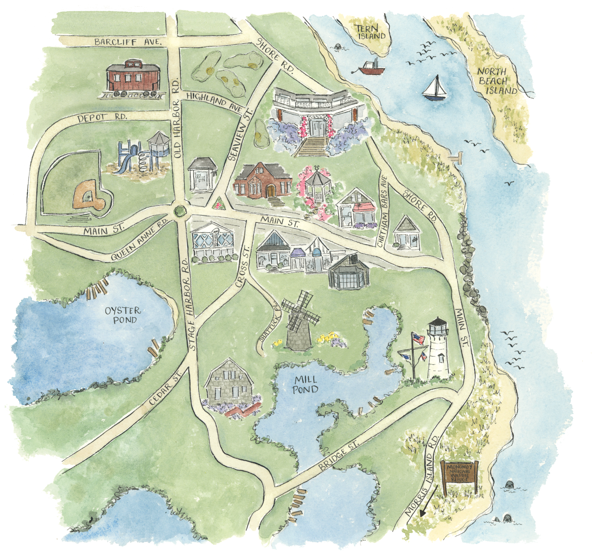 Illustrated map showing a coastal town with landmarks such as a lighthouse, windmill, and ponds, surrounded by roads and buildings.