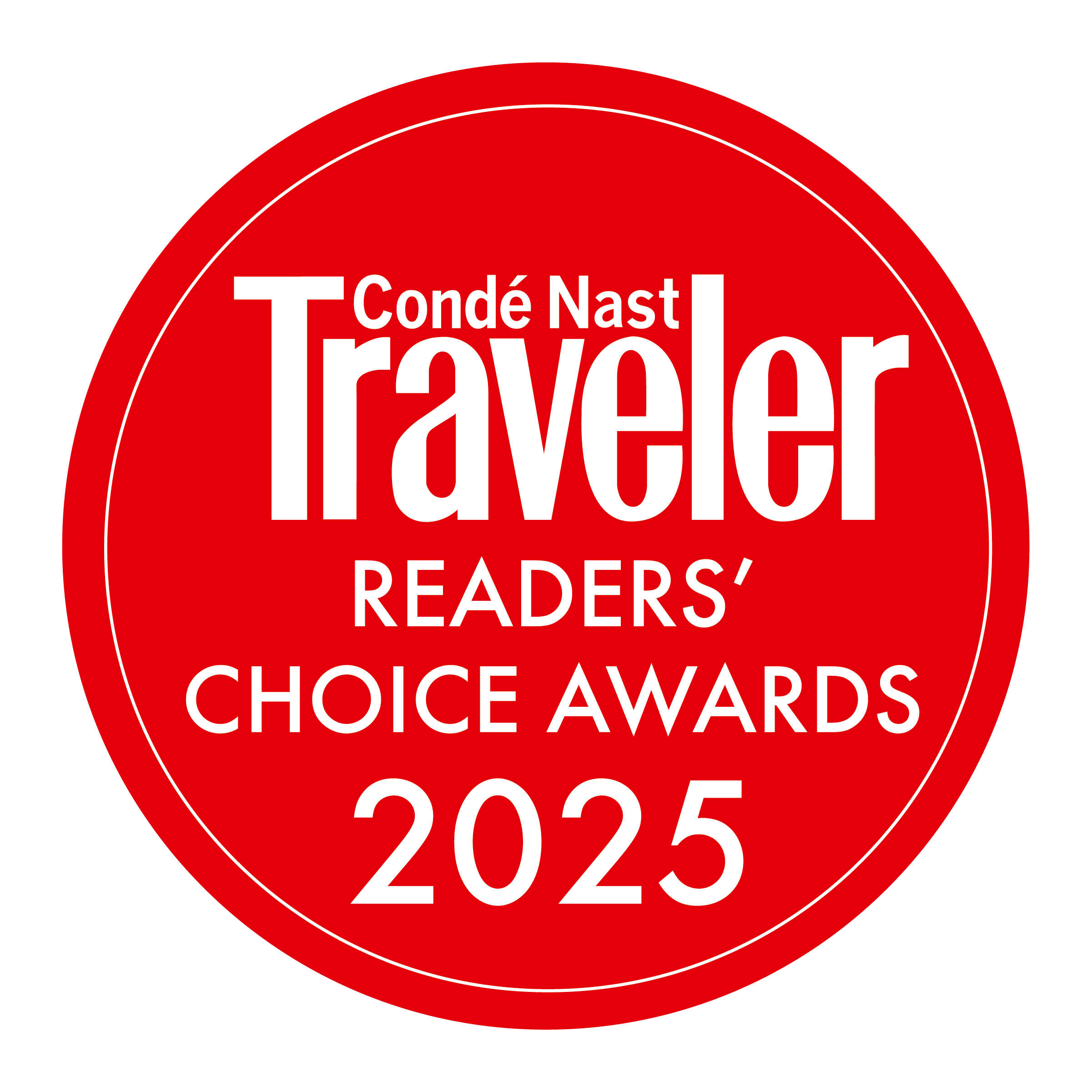 A red circular logo for the Condé Nast Traveler Readers' Choice Awards 2025.