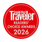 The image is a red circular badge for Condé Nast Traveler Readers' Choice Awards 2026.