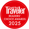 A red circular logo for the Condé Nast Traveler Readers' Choice Awards 2025.