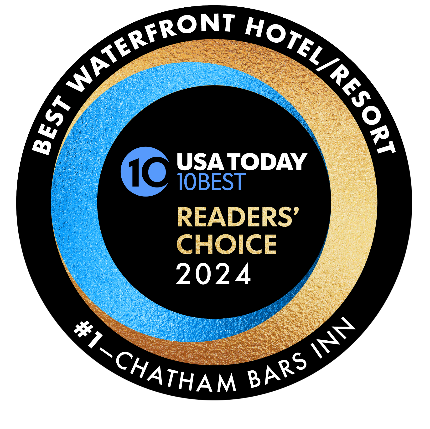 A circular logo reads "Best Waterfront Hotel/Resort," "USA Today 10Best Readers' Choice 2024," and "#1–Chatham Bars Inn."