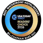 A circular logo reads "Best Waterfront Hotel/Resort," "USA Today 10Best Readers' Choice 2024," and "#1–Chatham Bars Inn."