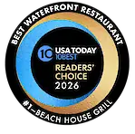 A circular emblem reads "Best Waterfront Restaurant" and "USA Today 10Best Readers' Choice 2026, #1-Beach House Grill."